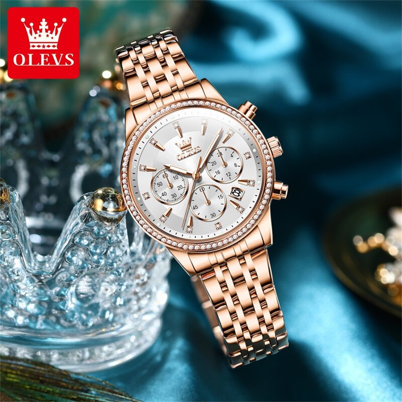 ساعة OLEVS للنساء من الذهب الوردي ، علامة تجارية فاخرة ، كرونوغراف ، فولاذ مقاوم للصدأ ، مقاوم للماء ، مضيء ، موضة