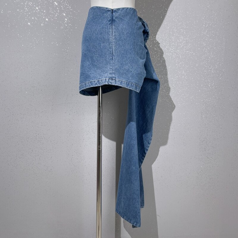 طقم جينز نسائي أزرق وردي ثلاثي الأبعاد تنورة نصف ورك ، تنورة صغيرة Y2K غير متماثلة ، موضة شارع راقِ ، 3D ، جديد ،