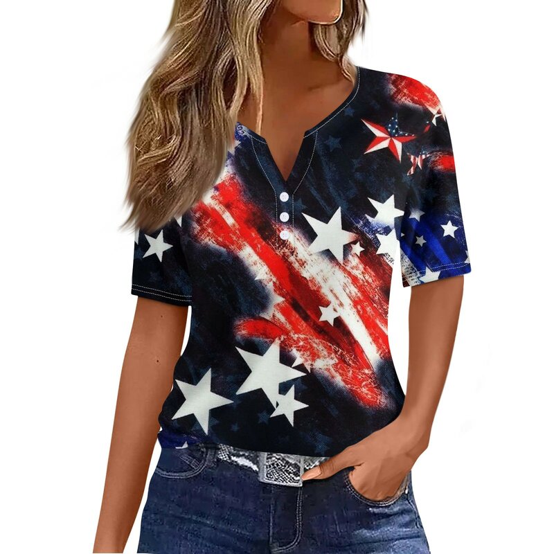 تي شيرت نسائي كلاسيكي علم الولايات المتحدة الأمريكية ، الصيف ، أمريكا ، قمم وطنية ، ملابس نسائية ، ملابس عطلة تي شيرت