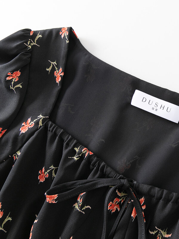 DUSHU فضفاضة مكتب سيدة الرباط تصميم ساحة الرقبة فستان زهري المرأة الصيف 2021 جديد a-line الفرنسية فستان الصيف