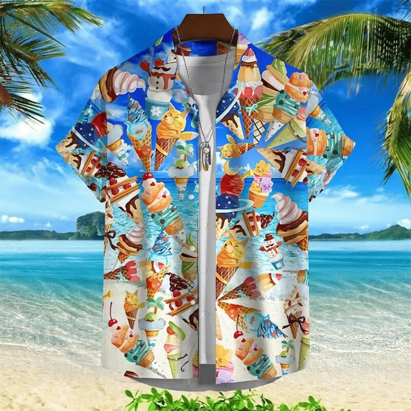 قميص هاواي مطبوع على الآيس كريم للرجال ، توب بأكمام قصيرة إسبانية ، ملابس الشارع الصيفية ، حفلة شاطئ عصرية ، ملابس اجتماعية