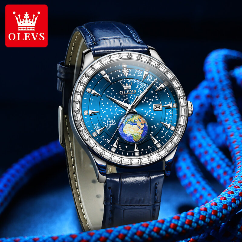 ساعة كوارتز ماسية بسماء زرقاء من OLEVS للرجال ، ساعة يد بسوار جلدي ، ساعة مقاومة للماء ، تصميم أرضي ، موضة