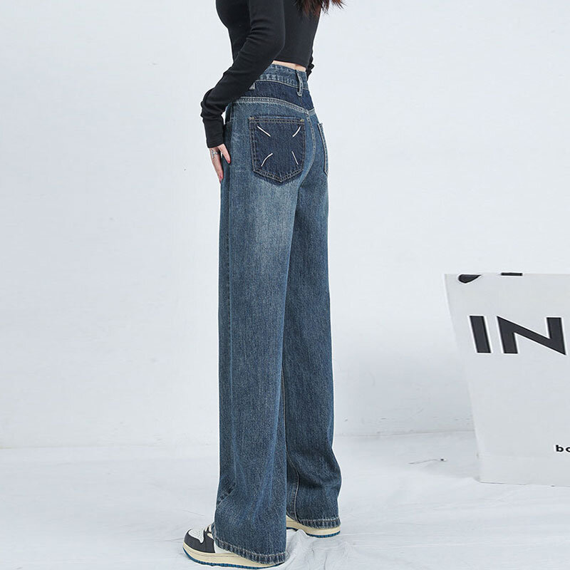 بنطلون جينز بتصميم مناسب ملون للنساء ، خصر مرتفع ، نحيف ، فضفاض ، مستقيم ، مقاس كبير ، كلاسيكي ، أرجل واسعة ، بنطلون منخفض