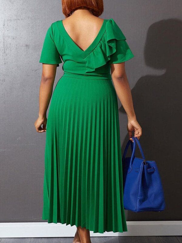 فستان ماكسي أخضر أنيق للنساء ، أحادي اللون ، فستان بخط مكشوف الظهر ، أكمام قصيرة ، ياقة مربعة ، طول الكاحل ، الصيف