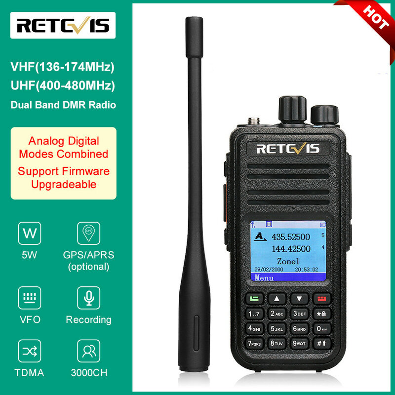 راديو رقمي من Retevis طراز RT3S DMR يعمل بالراديو ومزود بخاصية الاتصال اللاسلكي للهواة ذو اتجاهين VHF UHF ومزود بنظام تحديد المواقع ذو تردد عال 5 وات