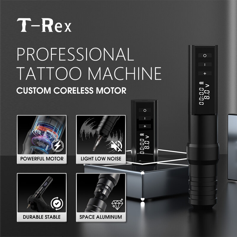 T-Rex Ambition-مجموعة آلات الوشم اللاسلكية المهنية ، القلم مع الطاقة المحمولة ، محرك Coreless ، شاشة LED رقمية ، فن الجسم