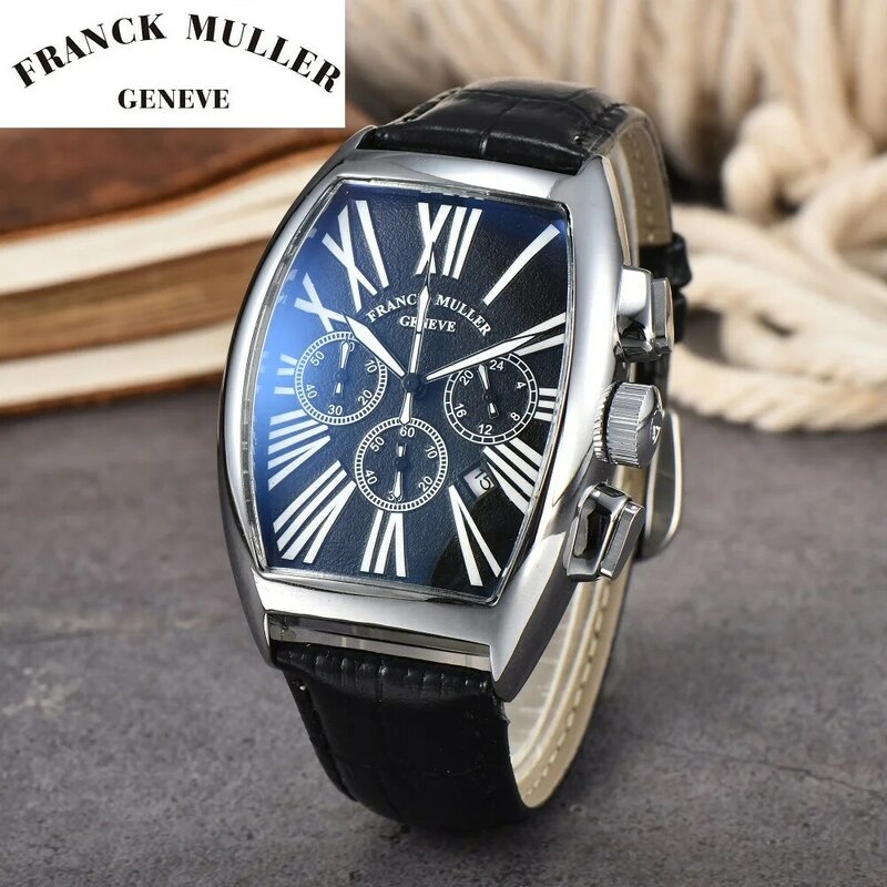 فرانك مولر-Tonneau ساعة كوارتز للرجال ، حزام من الجلد عادية ، ساعة يد الأعمال الفاخرة ، مصمم الازياء