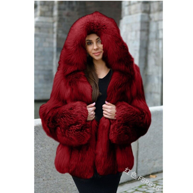 معطف فرو ثعلب متوسط الطول للنساء ، معطف دافئ بغطاء رأس ، الأوروبي والأمريكية