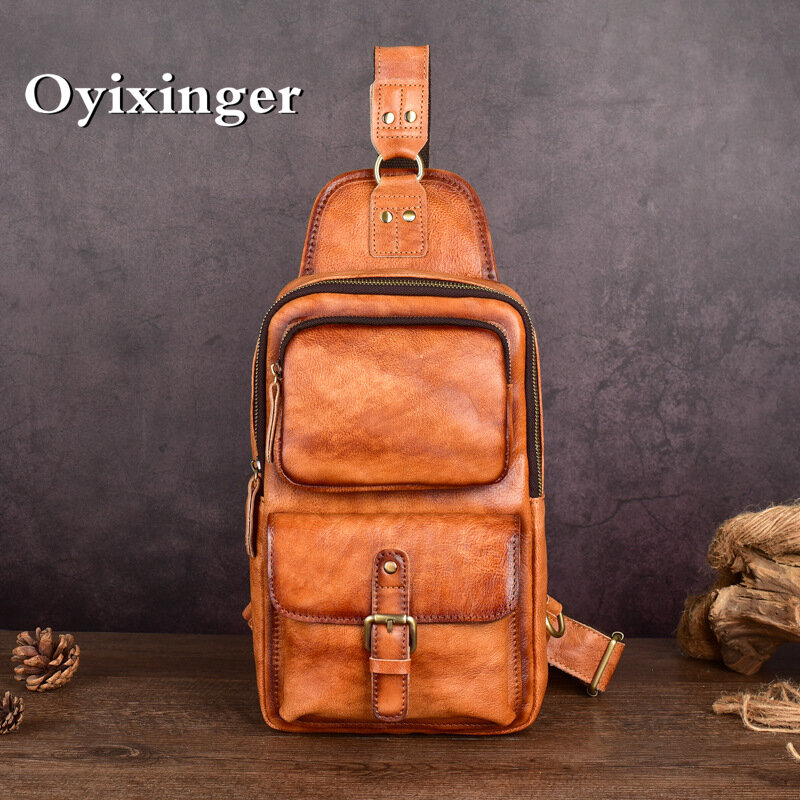 حقيبة صدر خارجية من جلد البقر من OYIXINGER للرجال ، حقيبة كتف من الجلد الطبيعي ، حقيبة كروس بودي كلاسيكية متعددة الاستخدامات ، موضة جديدة