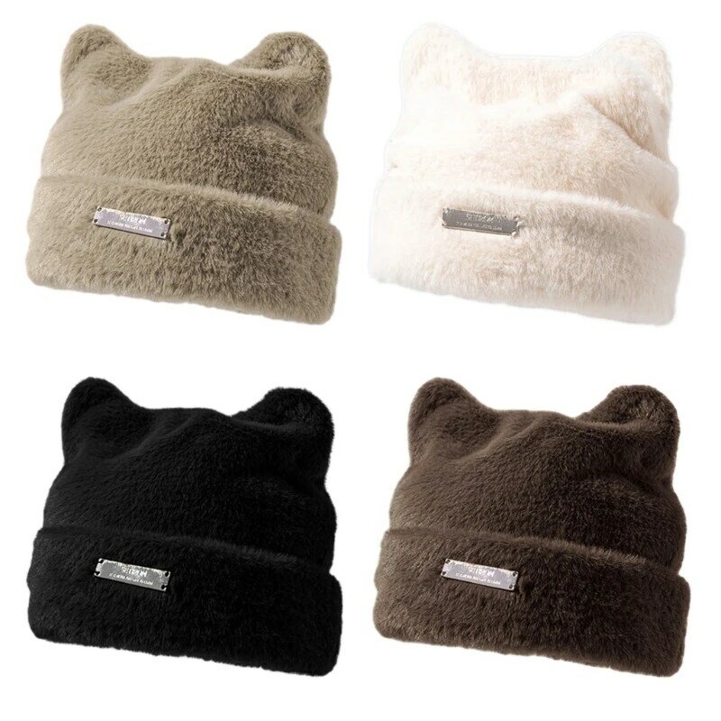 قبعات قطيفة للسيدات على شكل قطة، قبعة صغيرة كلاسيكية للسيدات، إكسسوارات قبعة بيني دافئة لخريف وشتاء