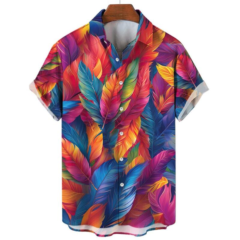 قمصان رجالي كاجوال من الريش هاواي ، ملابس بأكمام قصيرة بطية صدر ، قمصان ألوها فضفاضة ، الصيف