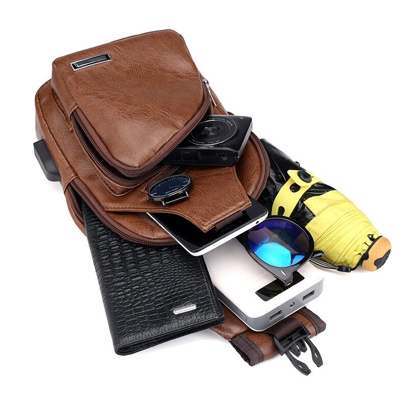 الرجال بولي Leather حقائب جلدية الصدر والخصر ، حقيبة كروسبودي مع فتحة شحن USB ، صغيرة ، عادية ، السفر ، الكتف ، السفر ، الموضة