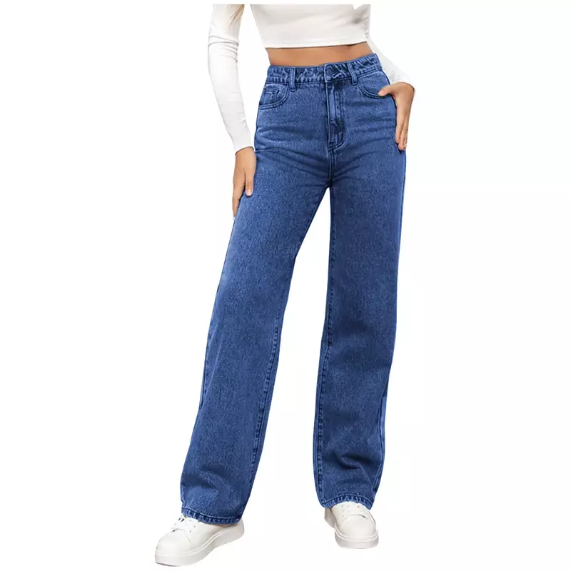 بنطال جينز نسائي مطاطي مغسول ، جينز مستقيم الساق ، بنطلون عالي الخصر ، أحادي اللون ، كلاسيكي ، كاجوال ، عصري ، متعدد الاستخدامات