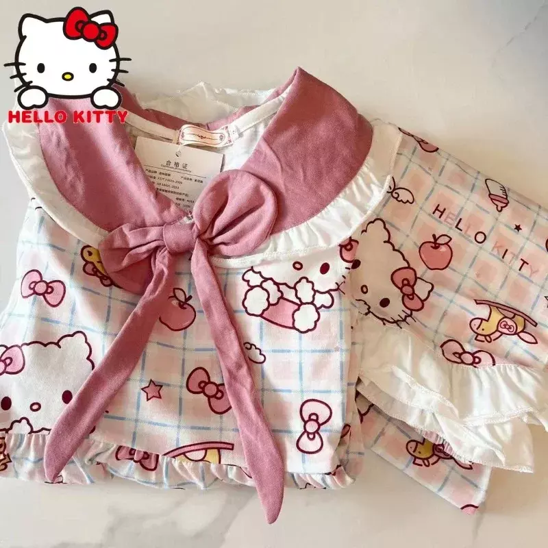 طقم بيجامة Sanrio Hello Kitty للنساء ، فتاة جميلة ، أنيمي ميلودي ، Y2K Japan ، بنطلون بأكمام طويلة ، ملابس منزلية للطلاب ، خريف