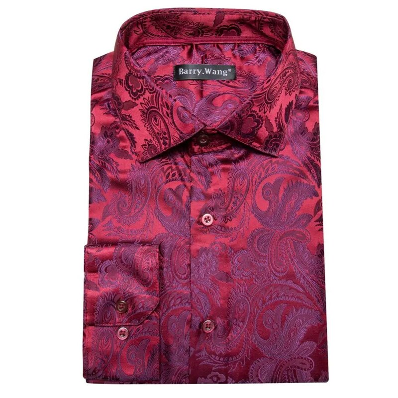 قميص برغندي للرجال المطرز بيزلي ، أكمام طويلة ، تناسب الجسم ، قمم تنفس الذكور ، مصمم الحرير ، الأحمر ، باري وانغ ، مصمم