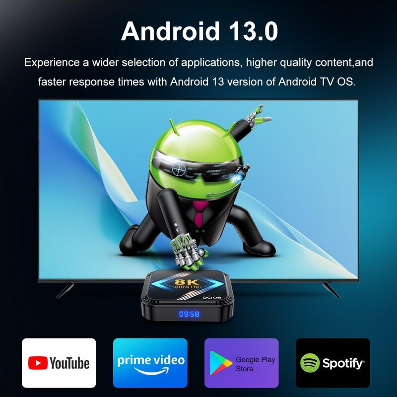 DQ08 RK3528 Android 13 رباعي النواة Cortex A53 يدعم 8K فيديو 4K HDR10 + واي فاي مزدوج BT صوت جوجل 2G16G 4G 32G 64G