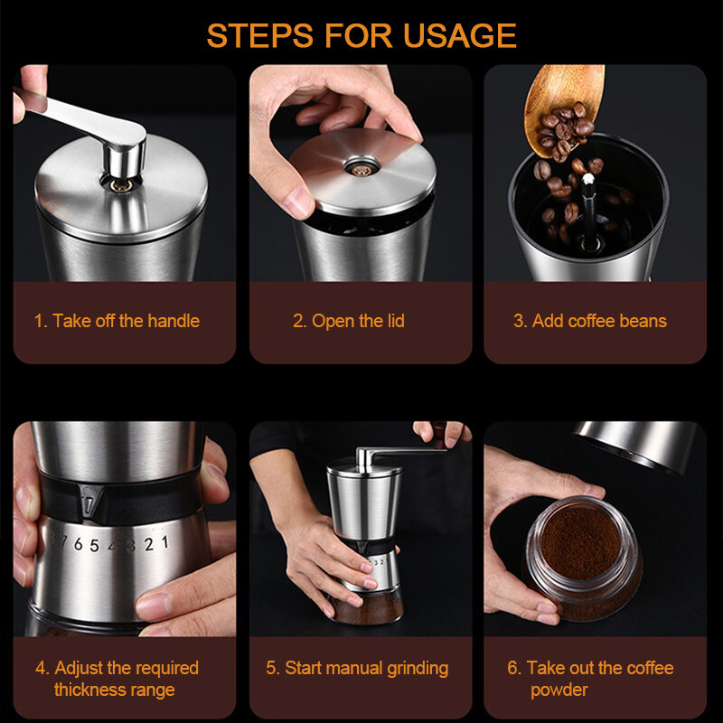 مطحنة قهوة يدوية عالية الجودة ، نواة طحن سيراميك ، إعدادات 6/8 قابلة للتعديل ، مطاحن قهوة محمولة ، آلة صنع القهوة