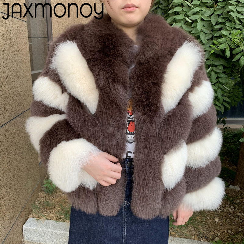 جاكسموني-معطف فرو ثعلب حقيقي للنساء ، جاكيت مخطط طبيعي ، أكمام كاملة ، ملابس خروج للسيدات ، وصل حديثًا ، موضة للخريف والشتاء