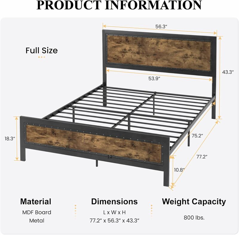 إطار سرير معدني مع لوح برشام ، منصة خشبية صناعية بالكامل ، رمادي ، لا حاجة إلى صندوق الربيع