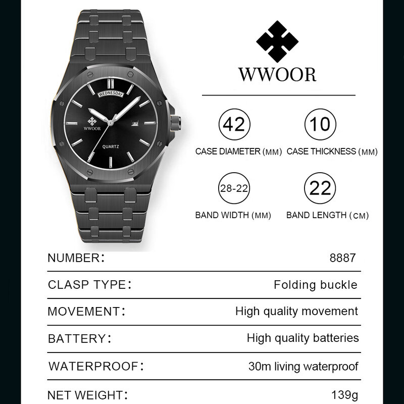 ساعة يد كوارتز مقاومة للماء من WWOOR للرجال ، ساعات رياضية ، علامة تجارية مشهورة ، فاخرة ، عسكرية ، أسبوع ، تاريخ ، موضة جديدة