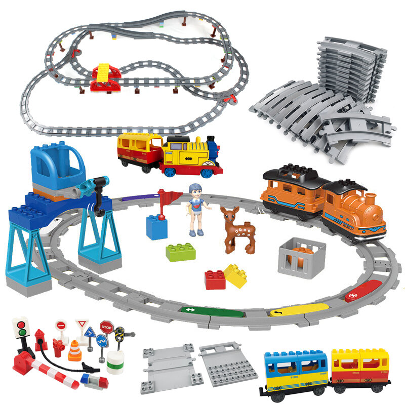 كبيرة الحجم اللبنات قطار السكك الحديدية النقل مجموعة المسار أجزاء قاطرة كهربائية DIY بها بنفسك تجميع التفاعل لعب للأطفال
