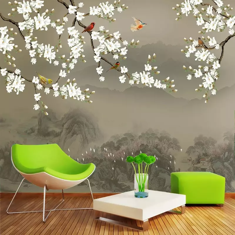 مخصص جدارية خلفية 3D ستيريو ماغنوليا الزهور الطيور جدار اللوحة غرفة المعيشة التلفزيون دراسة النمط الصيني جدار أوراق 3 د جدارية