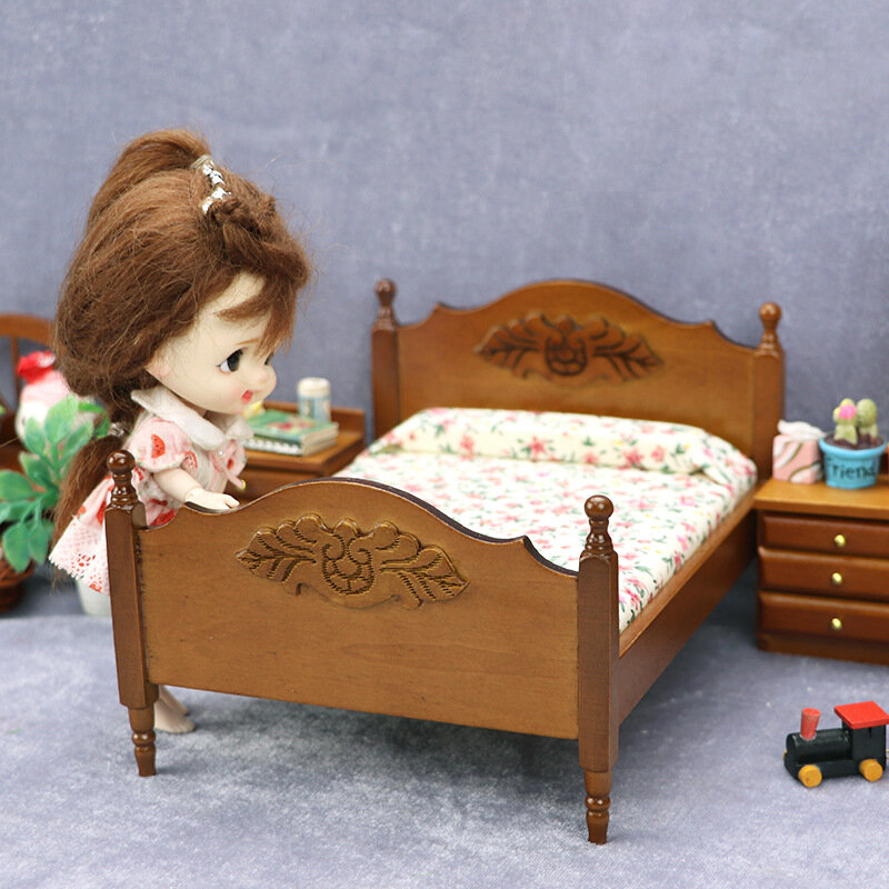 سرير فردي بنقشة زهور عتيقة لبيت الدمية ، بيت الدمية المصغر ، سرير لعبة أبيض ، أثاث على الطراز الرعوي ، إكسسوارات ديكور غرفة النوم ،