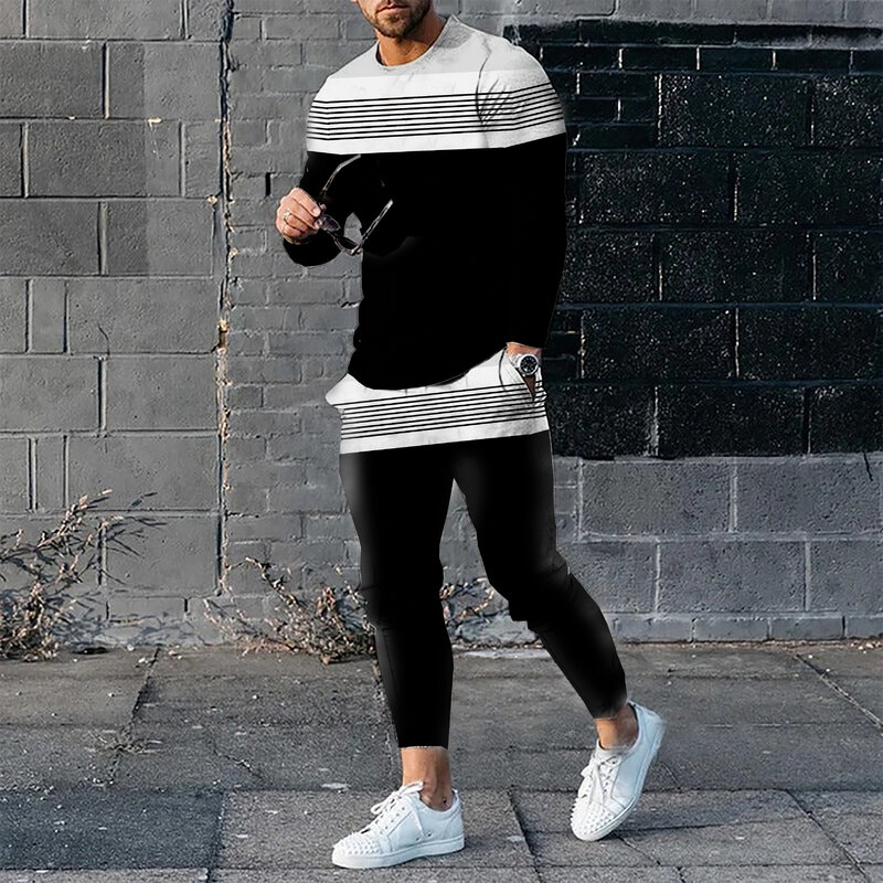 رجل الركض دعوى ثلاثية الأبعاد مطبوعة المرقعة كم طويل تي شيرت بنطلون 2 Pice مجموعة الشارع الشهير ملابس رياضية غير رسمية الذكور المتضخم الركض