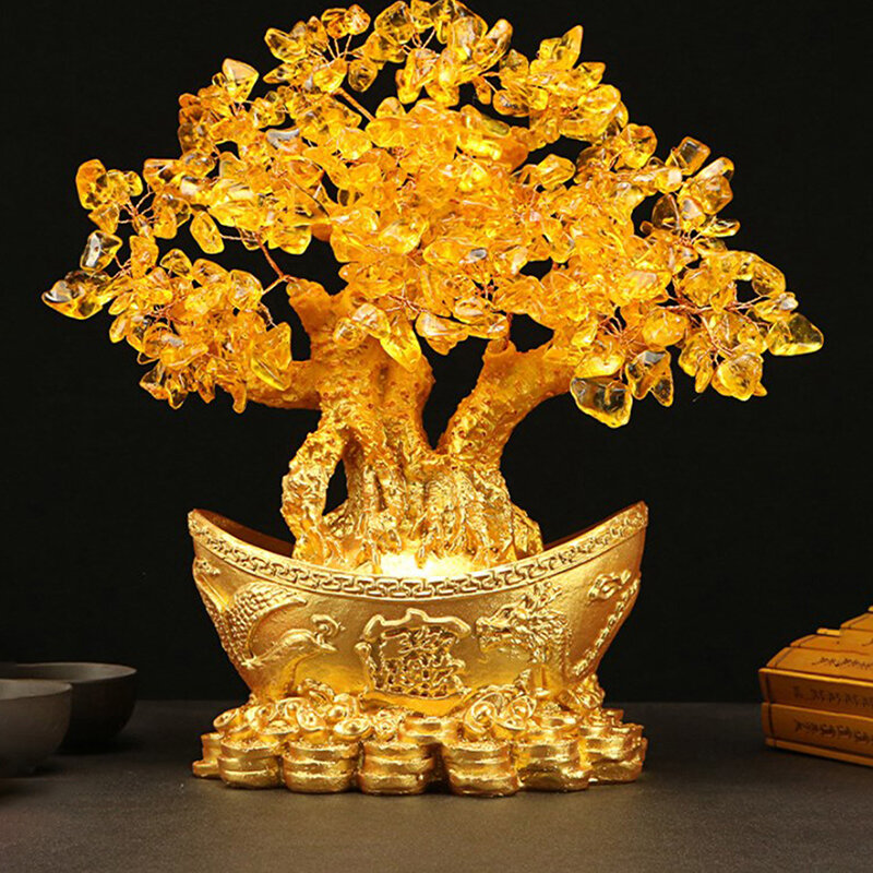 شجرة نقود محظوظة صينية لتزيين الطاولات ، سبيكة ذهبية ، زخرفة كريستال ، ثروة ، ثروة ، منزل ، مكتب ، مشغولات منضدية