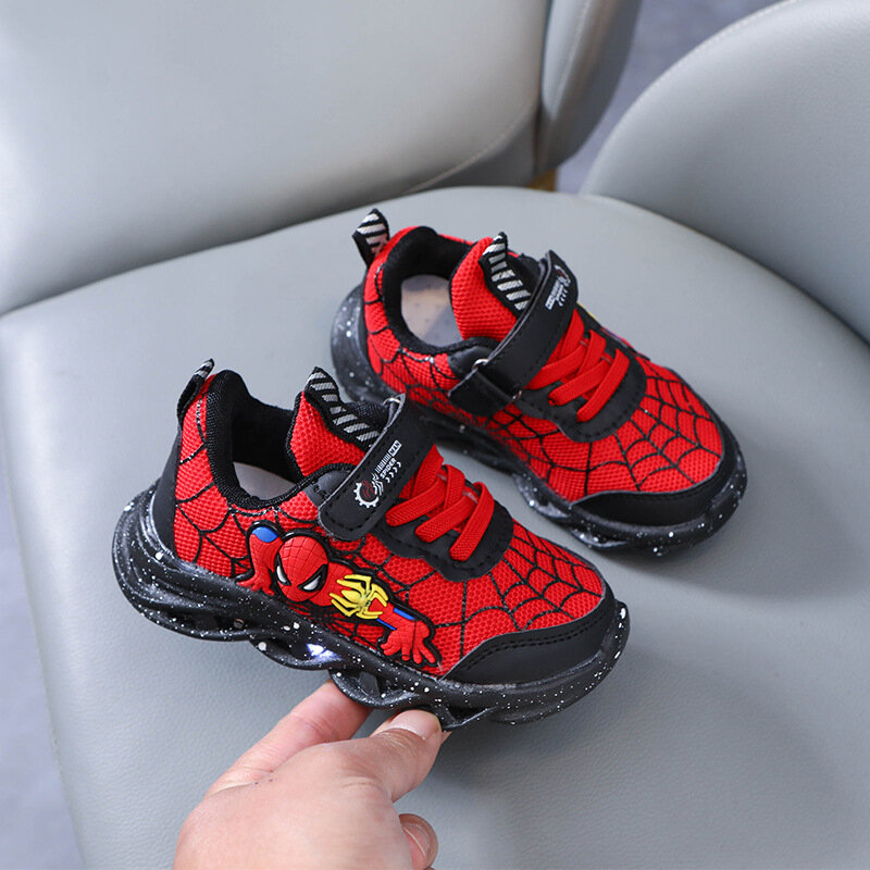 ديزني LED أحذية رياضية غير رسمية أحمر أسود للبنين الربيع شبكة في الهواء الطلق أحذية الأطفال المضاء عدم الانزلاق أحذية حجم 21-30
