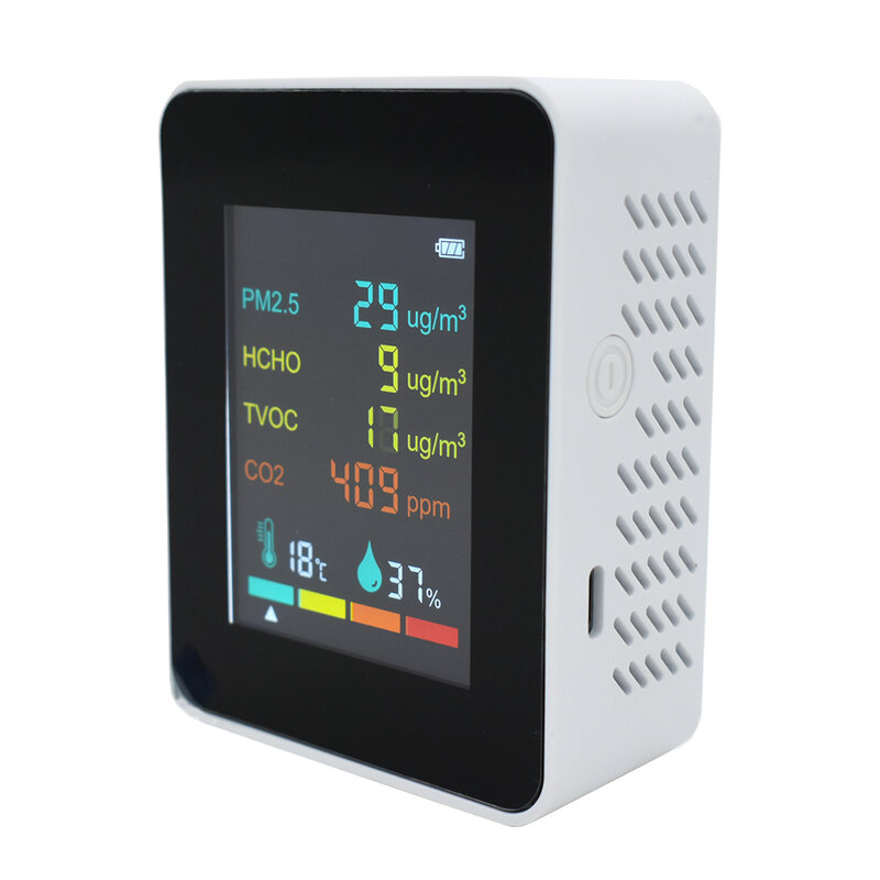 كاشف جودة هواء ثاني أكسيد الكربون ، جهاز مراقبة درجة الحرارة والرطوبة ، PM2.5 الفورمالديهايد ، HCHO ، TVOC ، CO2 ، 6 في 1