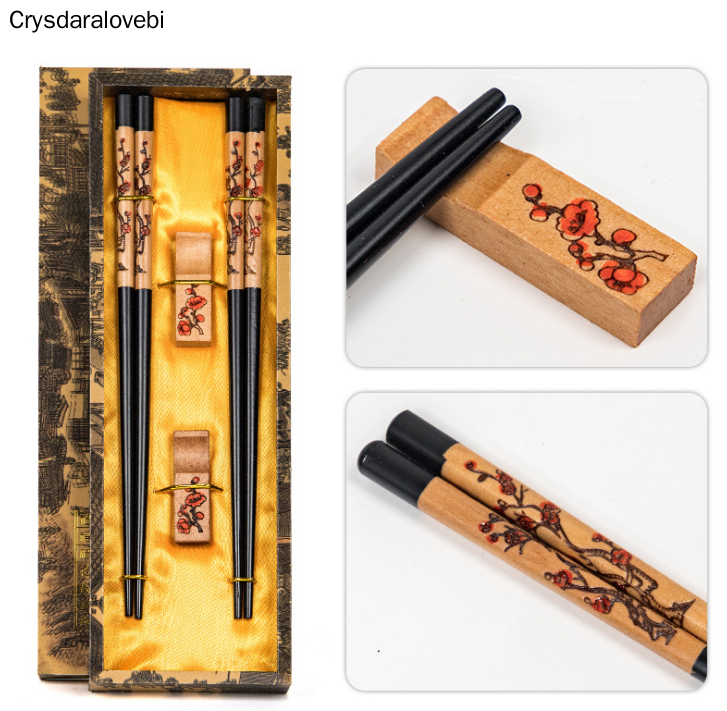 Chinese Handmade Wooden Chopsticks Food Dietary Tools Reusable Adult Sticks Tableware Gift Set With Box Chopstick Rest