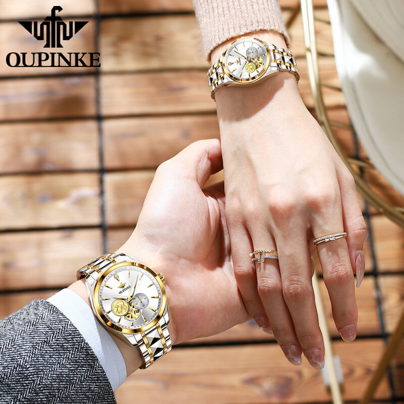 OUPINKE-التنين فينيكس التلقائي الميكانيكية زوجين ساعة ، الذهب الحقيقي ، الماس ، له ولها توقيت ، العلامة التجارية الفاخرة ، هدية