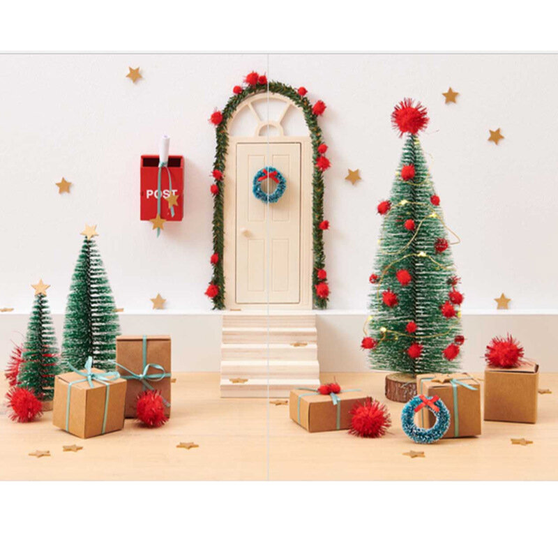 دمية نموذج مشهد مصغر ، ديكور عيد الميلاد ، إكليل كرمة زهرة ، علب هدايا شجرة صغيرة ، سياج صندوق البريد ، ألعاب خرافية ، باب قزم