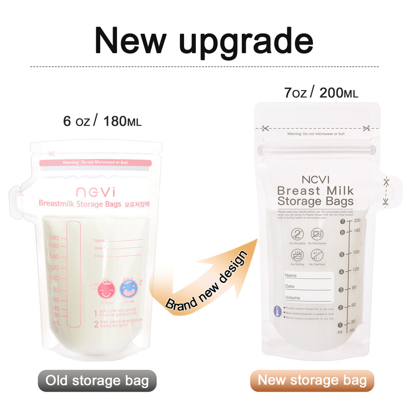 NCVI-أكياس تخزين حليب الثدي ، أكياس فريزر الحليب ، استشعار درجة الحرارة ، مختومة مزدوجة ، خالية من BPA ، 200 مللي