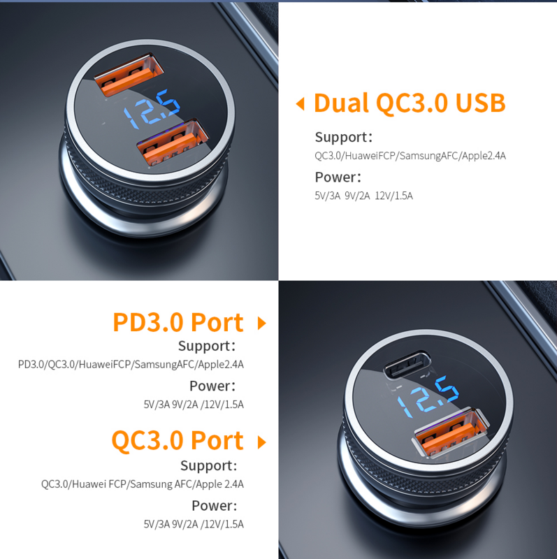 54 واط USB شاحن سيارة شحن سريع 4.0 QC4.0 QC3.0 SCP PD نوع C 36 واط سريع سيارة USB شاحن آيفون سامسونج شاومي الهاتف المحمول