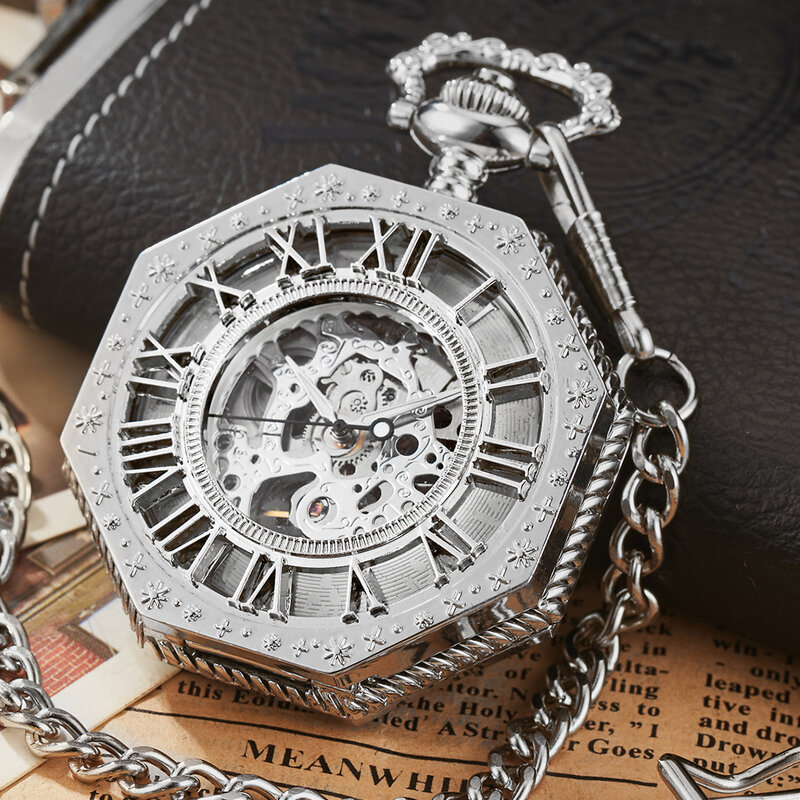 المثمن الهيكل العظمي ساعة الجيب للرجال مع فوب سلسلة خمر Steampunk قلادة قلادة الساعات للرجال ساعة reloj دي bolsillo