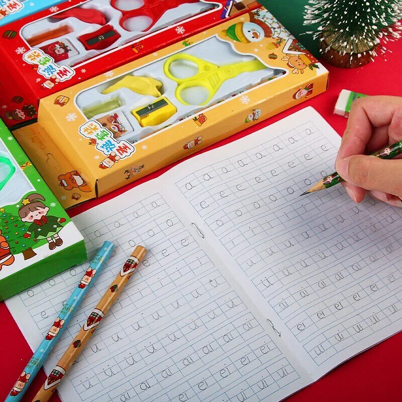 عيد الميلاد القرطاسية هدية صندوق للأطفال ، اللوازم المدرسية ، مجموعة قلم رصاص ، أدوات قطع الورق ، طالب ، 6 قطعة