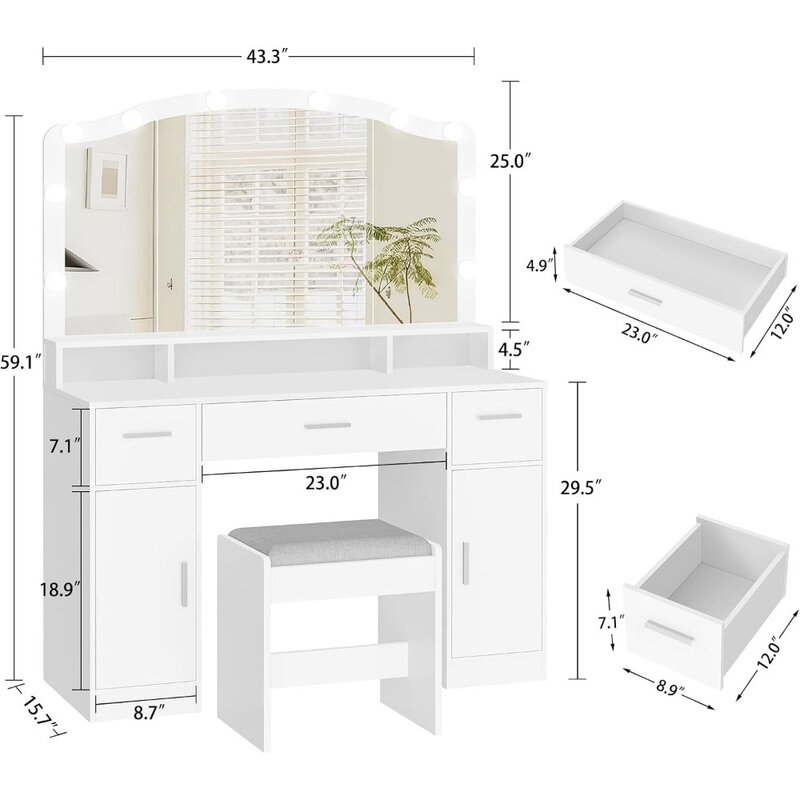 طاولة مكياج مع رف تخزين طويل ، مكتب أبيض ، خزانتين ، أثاث للحمام ، 10 مصابيح ليد