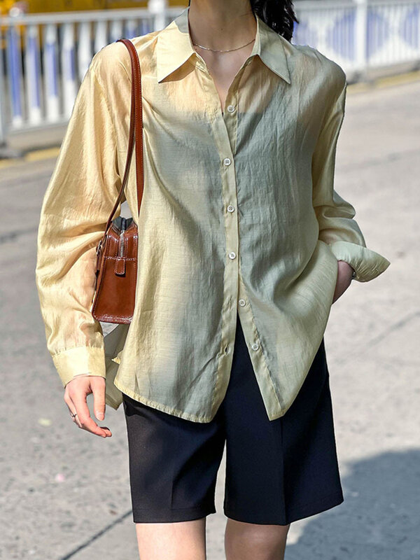 قمصان واقية من الشمس بتصميم أزرار ظهر LANMREM للنساء ، طية صدر السترة ، صدر واحد ، بلوزات فضفاضة غير رسمية ، جديدة ، الصيف ، 26D9046 ،