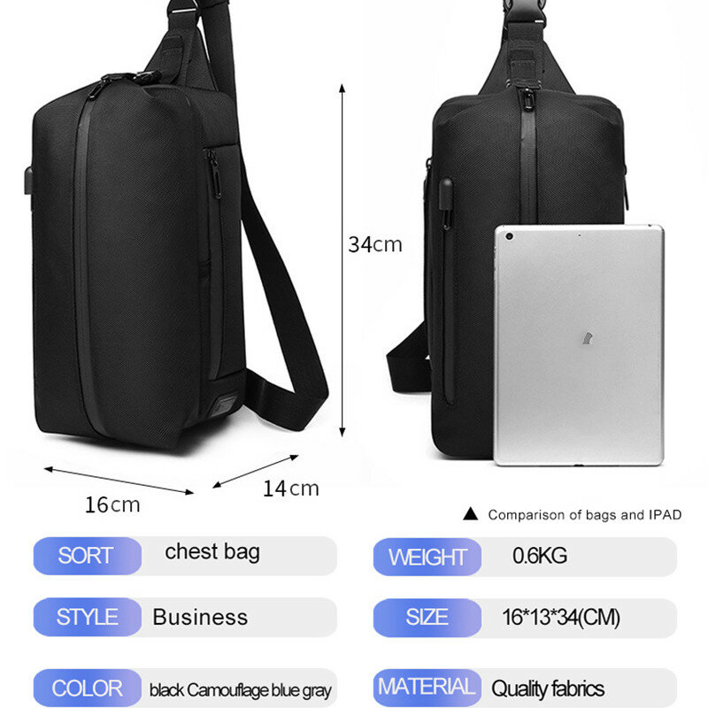 حقيبة متقاطعة متعددة الوظائف للرجال ، حقيبة كتف بحبال ضد السرقة ، حقيبة صدر قصيرة للسفر للرجال