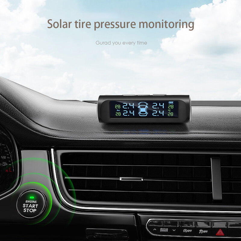 USB أو الشمسية شاحن سيارة TPMS نظام مراقبة ضغط الإطارات HD الرقمية شاشة الكريستال السائل السيارات إنذار أداة لاسلكية 4 الاستشعار الخارجي