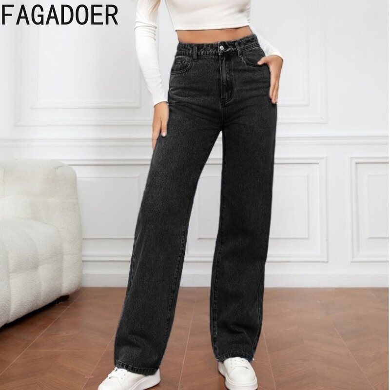 FAGADOER-سراويل جينز غير رسمية مستقيمة للنساء ، خصر مرتفع ، جينز بأزرار ، قينول رعاة البقر متطابقة ، أزياء نسائية ، #1
