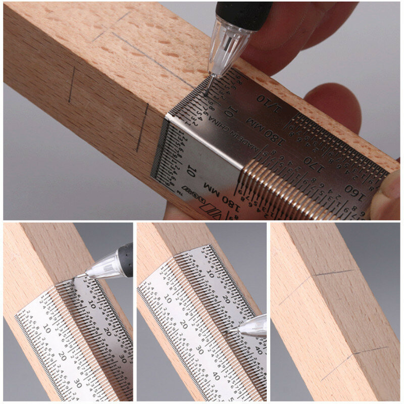 أداة قياس ذاتية الصنع لأعمال النجارة ، مسطرة وسم ، فولاذ مقاوم للصدأ ، قياس ثقب على شكل حرف T ، حافة مستقيمة