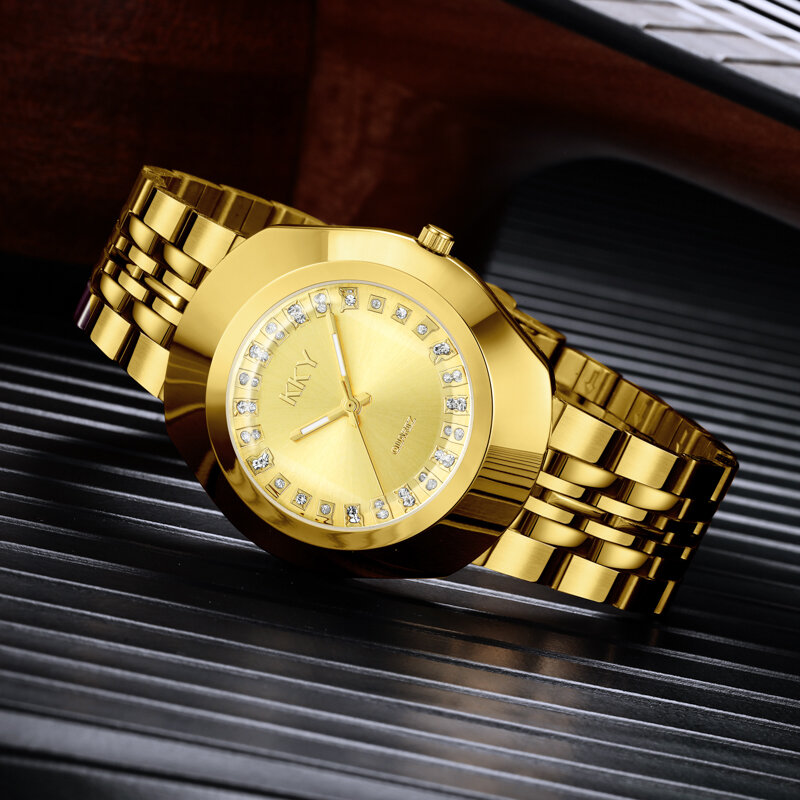 ساعة كوارتز للرجال والنساء ، من الفولاذ بالكامل ، عصرية وجميلة ، ذهبية ، جديدة ، KKY2024