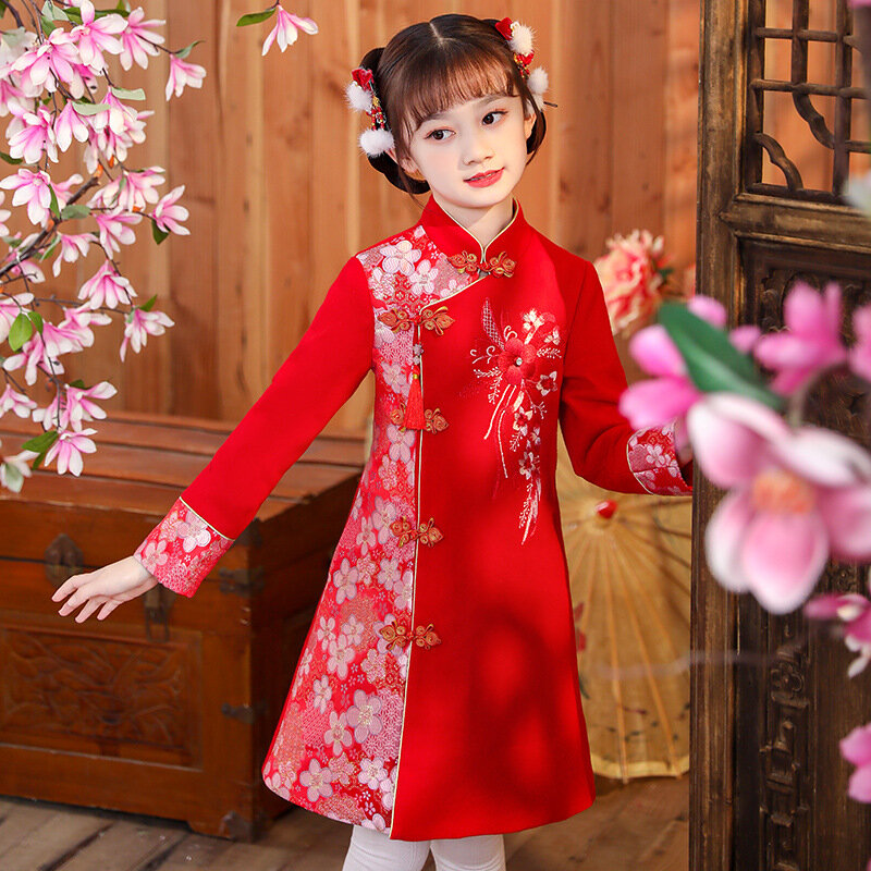 الفتيات Hanfu السنة الجديدة ملابس الأطفال الدافئة شيونغسام الصينية تانغ دعوى طفل الشتاء زائد المخملية لطيف التطريز فستان الحفلات