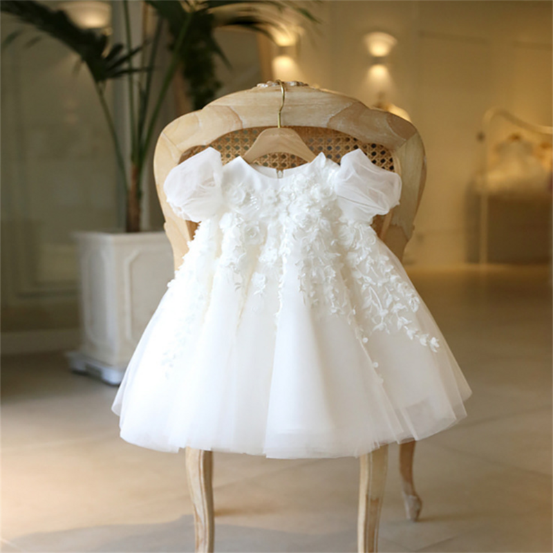 فستان أميرة مخصص عالي الخصر ، ثوب تواصل رقيق ، فستان فتاة أبيض بزهرة للطفل ، عيد ميلاد وحفل زفاف ، تعميد