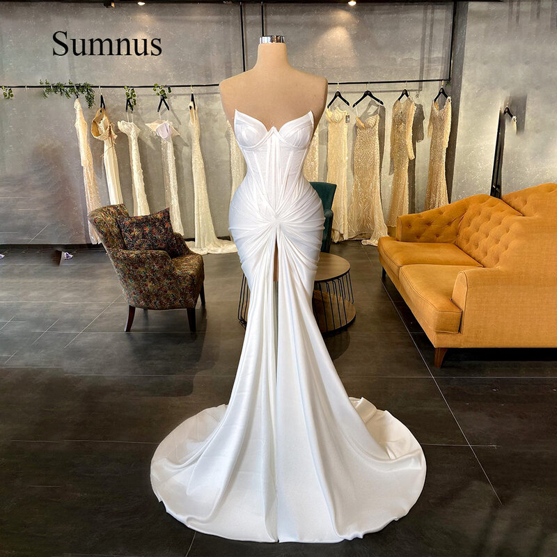 Sumnus-فساتين زفاف بيضاء رائعة حورية البحر ، ثنايا ، حبيبة ، مثيرة ، انقسام أمامي ، فستان عروس مع قطار ، ثوب زفاف ، صوفي