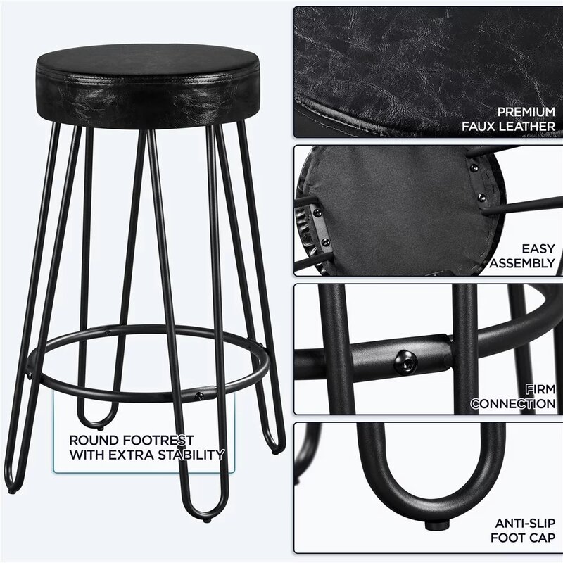 مقاعد طاولة من الجلد الصناعي ، مقعد دائري بدون ظهر ، كراسي مطبخ سوداء ، مجموعة من 2