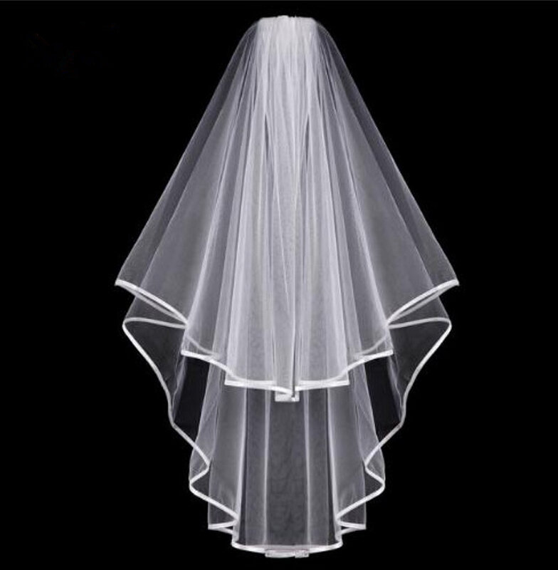 أبيض عاجي طبقتين الشريط حافة الحجاب الزفاف مع مشط تول قصيرة اكسسوارات الزفاف